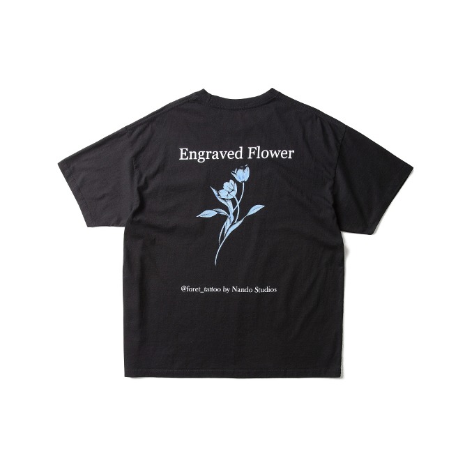 ENGRAVED FLOWERS HALF SLEEVES T SHIRTS Black